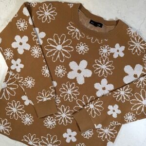 Social Scene Womens Floral Daisy  Sweater Long Sleeve Tan Cream Large Pullover